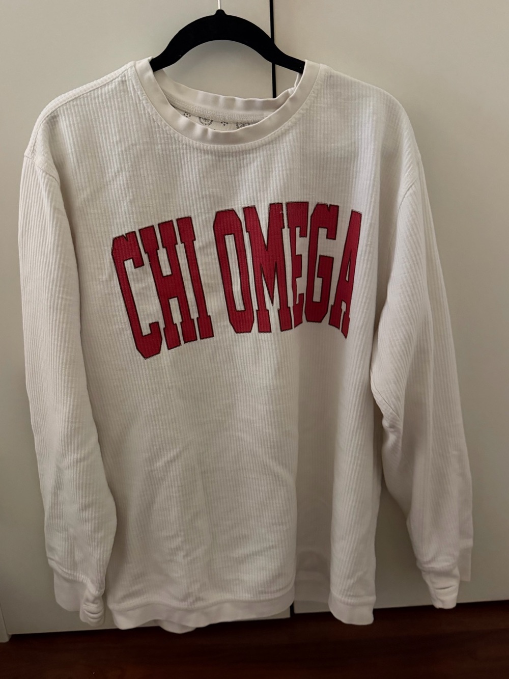 Chi Omega Ribbed Off White and Red Letters Pullover Sweatshirt